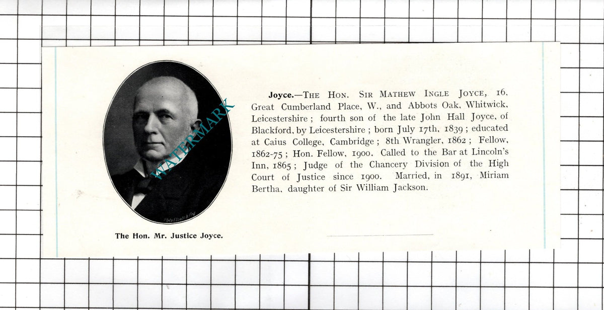 The Hon Sir Mathew Ingle Joyce Abbots Oak Whitwick Leics   - c.1905 Clipping