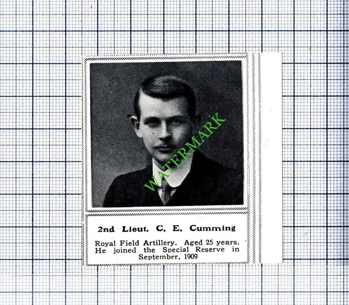 2nd Lt C E Cumming RFA Royal Field Artillery Great War WW1 - 1915 SMALL Cutting