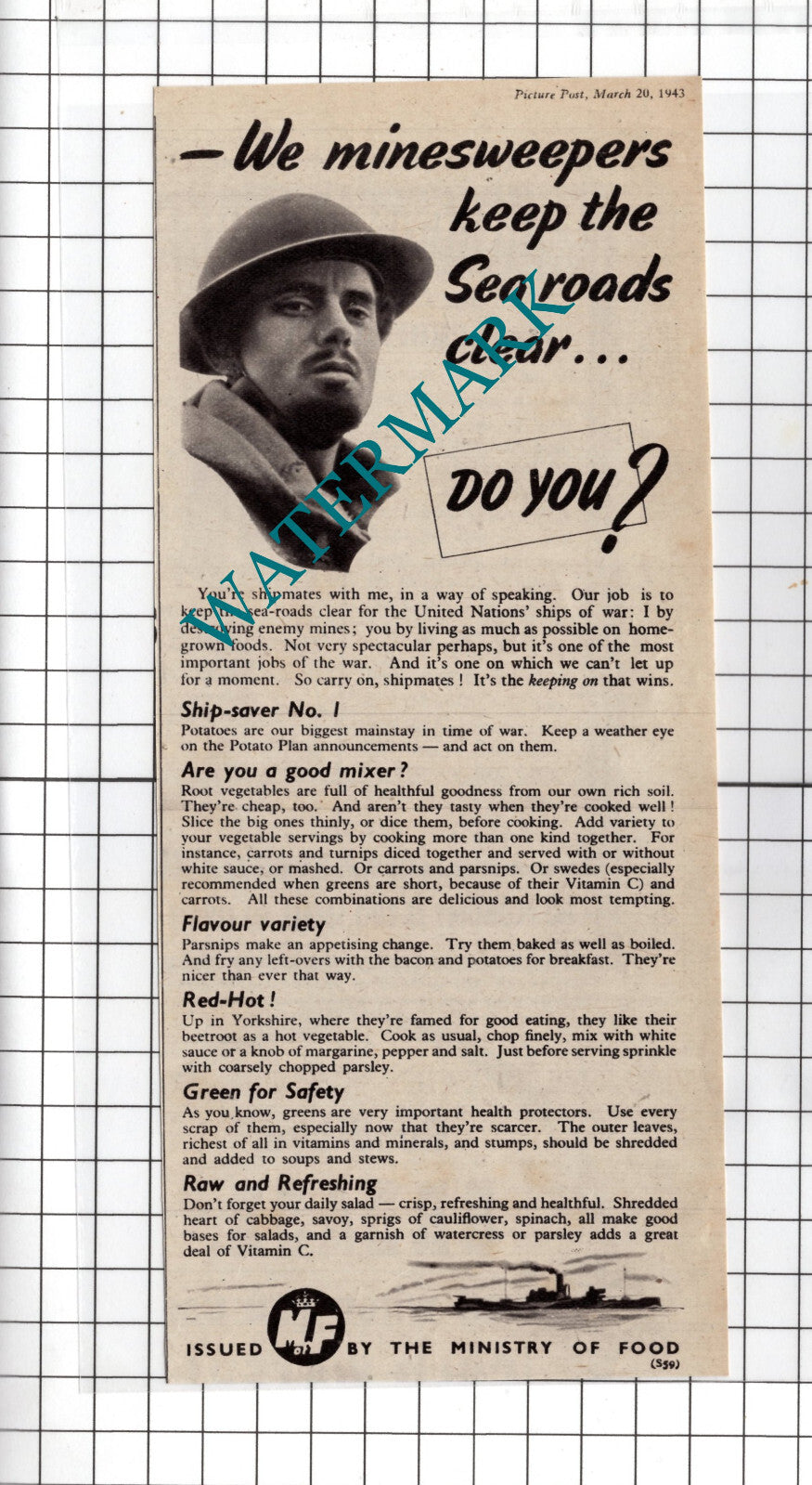 Ministry of Food Wartime Advert  - 1943 Clipping
