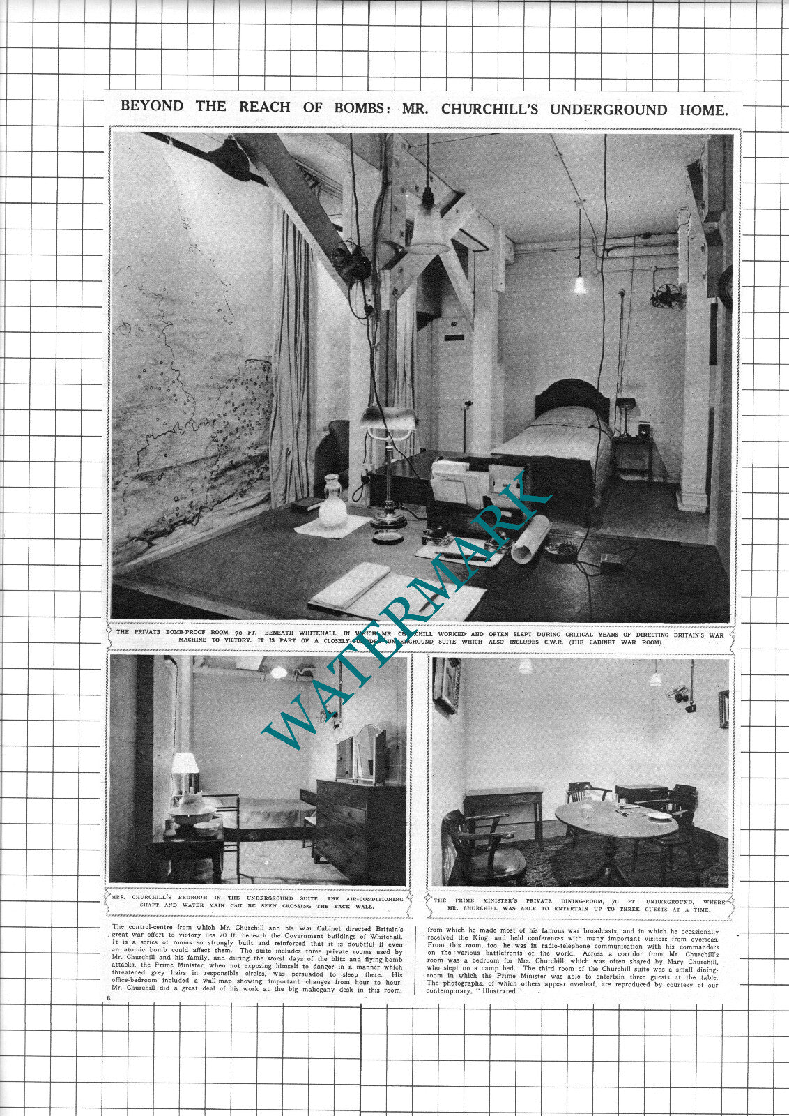 Winston Churchill Underground Whitehall - 1945 Two-Part Clipping