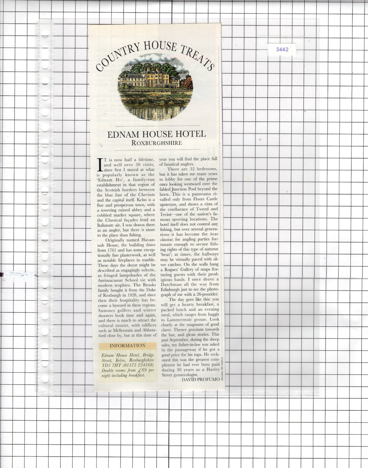 Ednam House Hotel Kelso Roxburghshire - 1997 Cutting