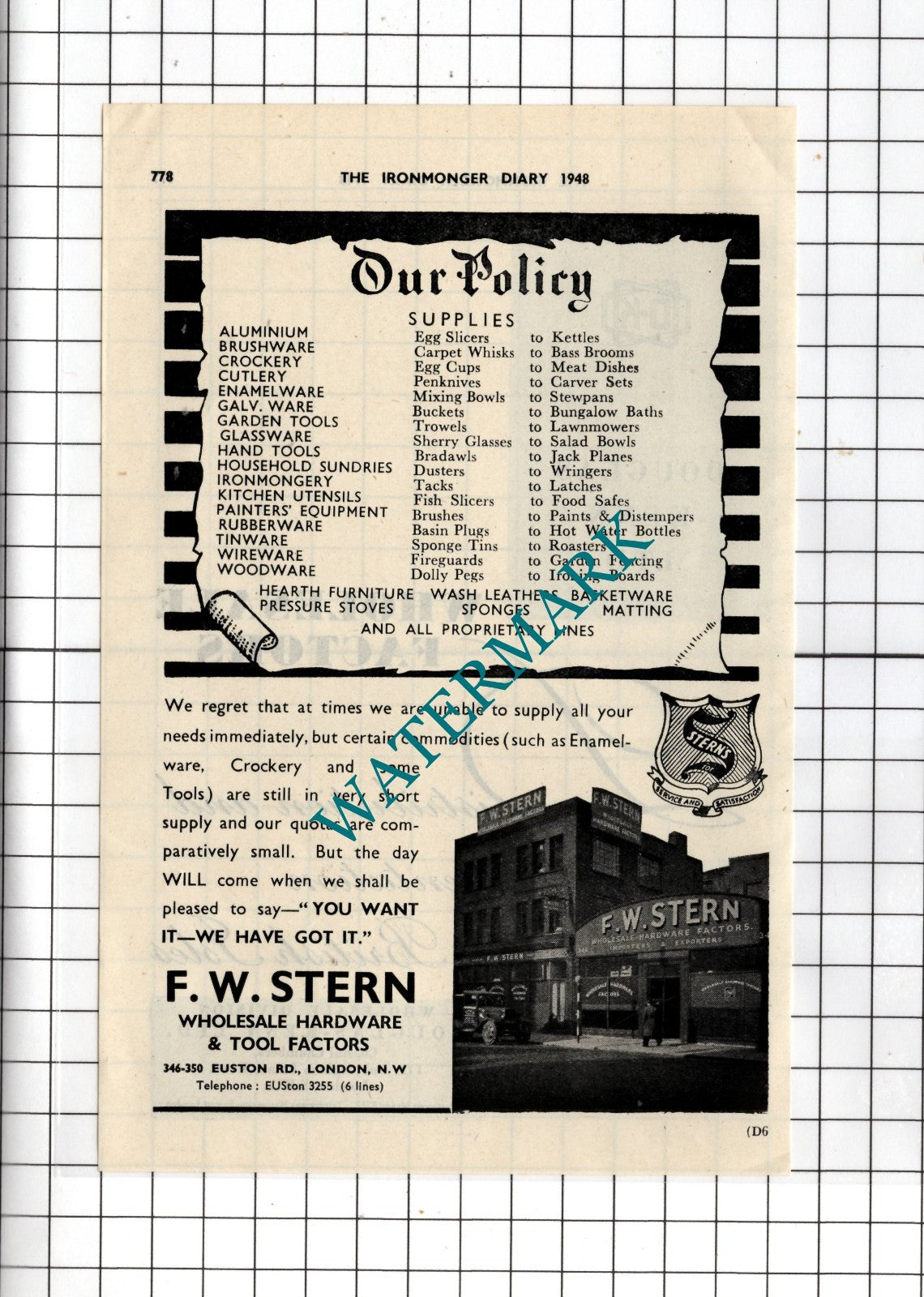 F W Stern Euston Road London / Douglas-Kenn Ltd London -   1948 Advert