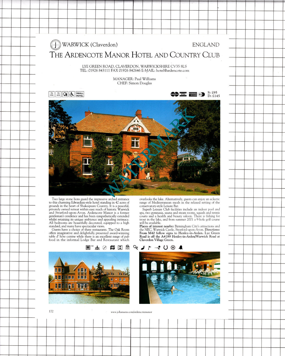 Ardencote Manor Hotel Claverdon / Trehellas House Washaway Cornwall  2001 Advert