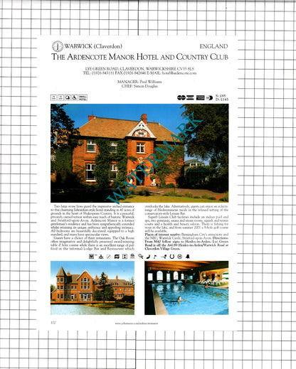 Ardencote Manor Hotel Claverdon / Trehellas House Washaway Cornwall  2001 Advert