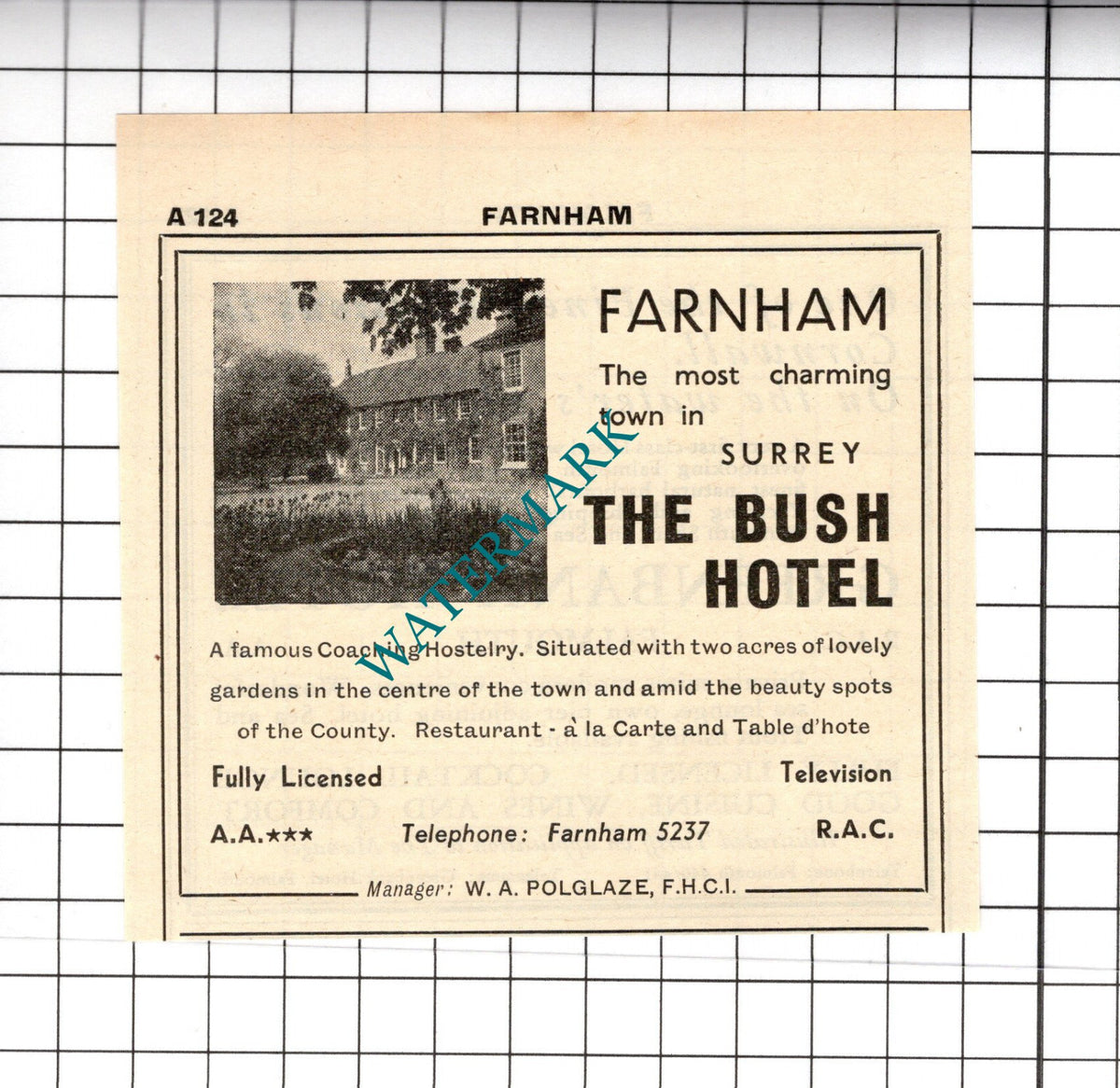 The Bush Hotel Farnham W A Polglaze Small Advert - 1958 Cutting