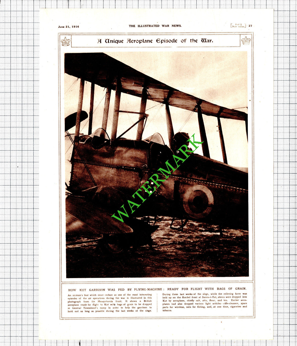 Kut Garrison Aeroplane Food Drop General Townshend WW1  - 1916 Cutting
