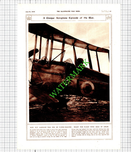 Kut Garrison Aeroplane Food Drop General Townshend WW1  - 1916 Cutting