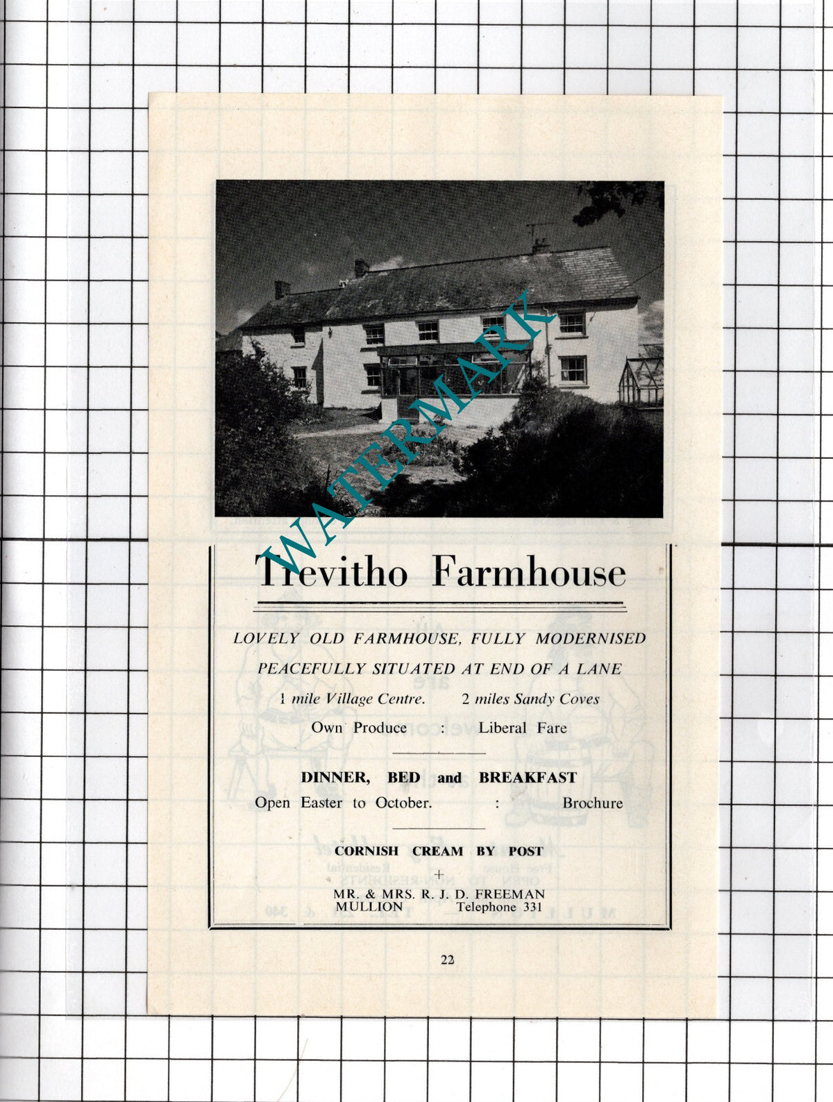 Trevitho Farmhouse Mullion Cornwall Mr R J D Freeman -  c.1969 Advert