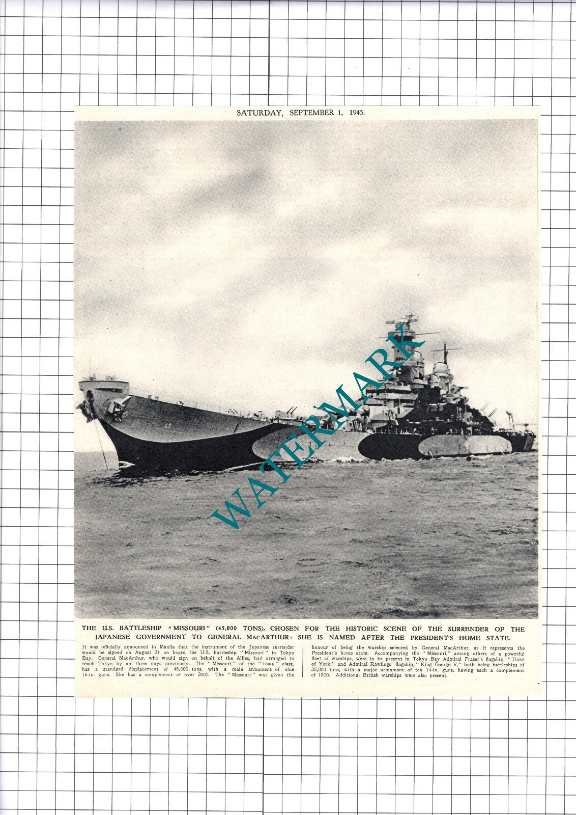 Battleship MISSOURI Ship Japanese Surrender  WW2  -  1945 Clipping / Print