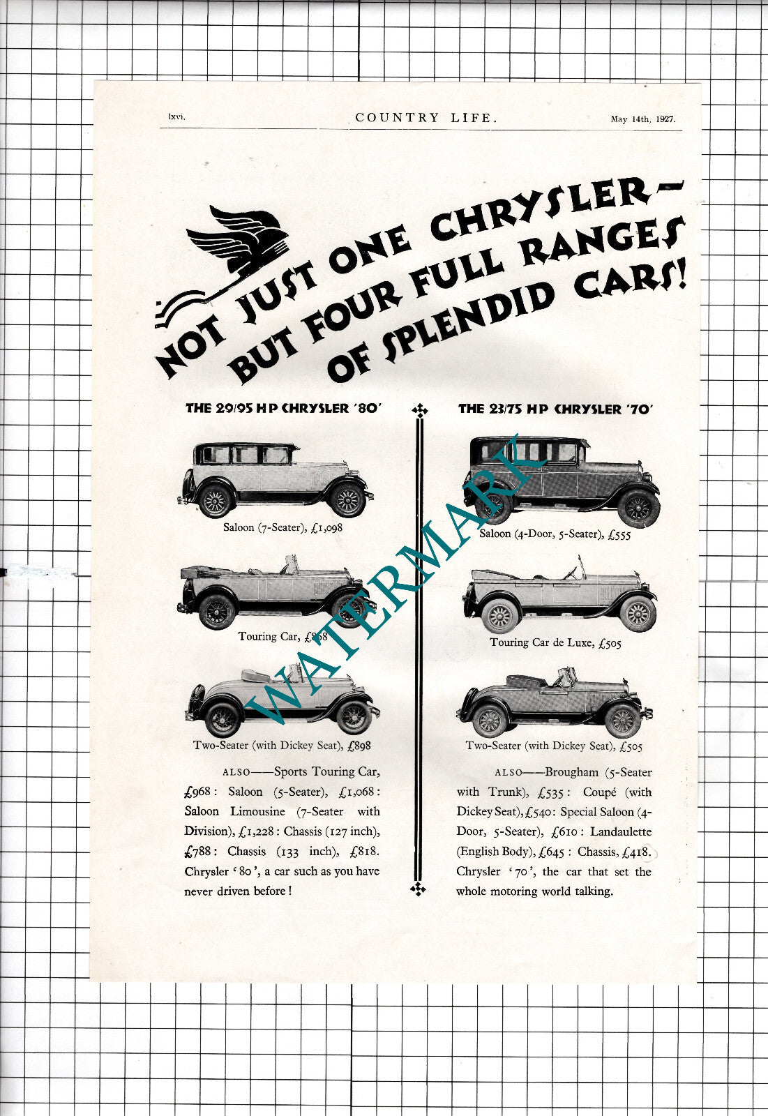 Chrysler Car Advert Chrysler Motors Ltd Kew Gardens  - 1927 Two-Part Clipping