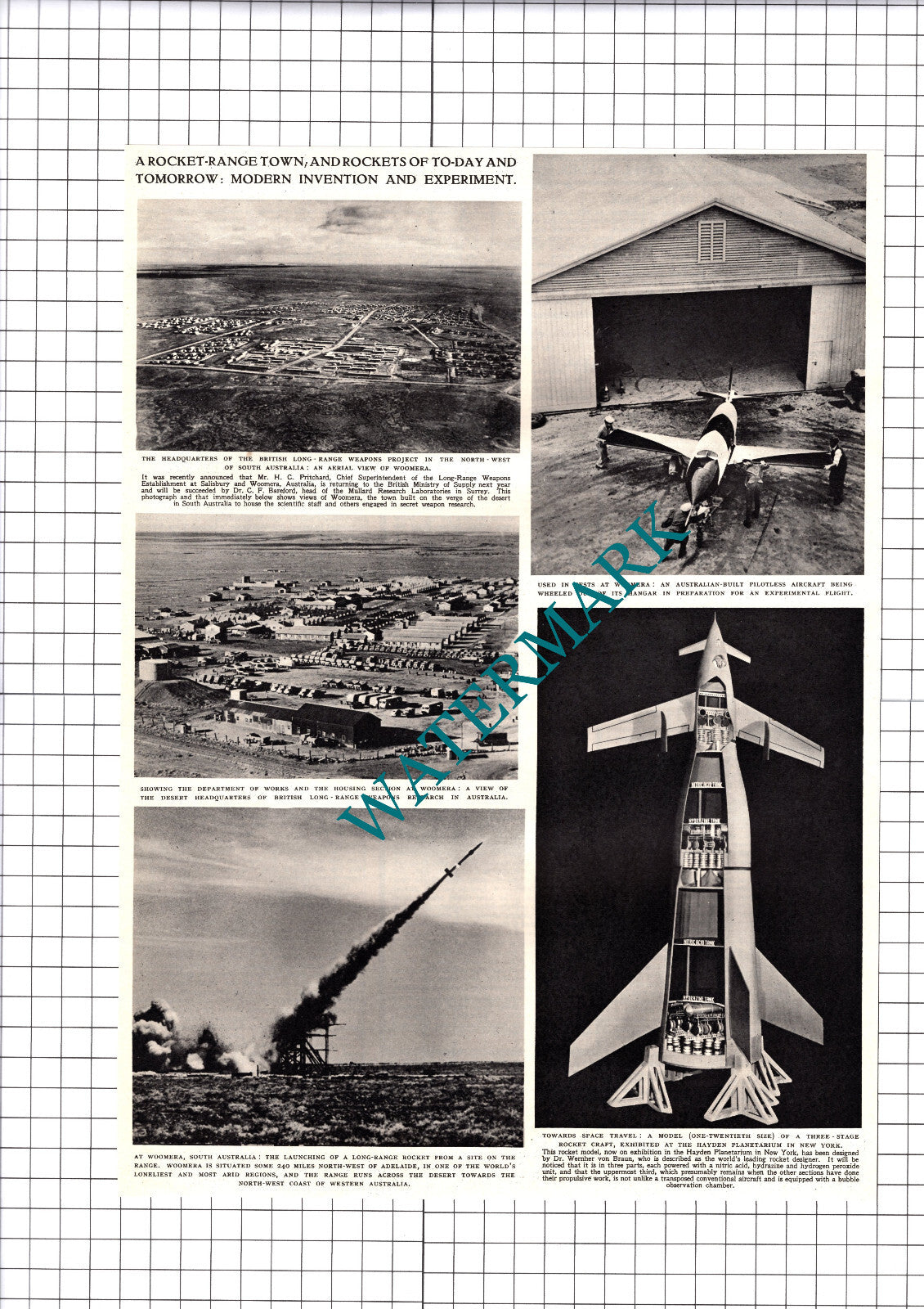 Woomera Australia Bareford Rocket Dr Wernher von Braun - 1952 Cutting / Print