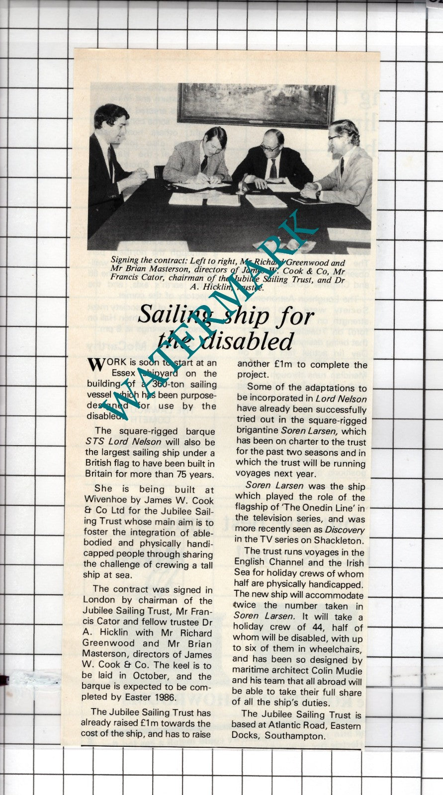 STS Lord Nelson James W Cook & Co Ltd Jubilee Sailing Trust -  1984 Clipping