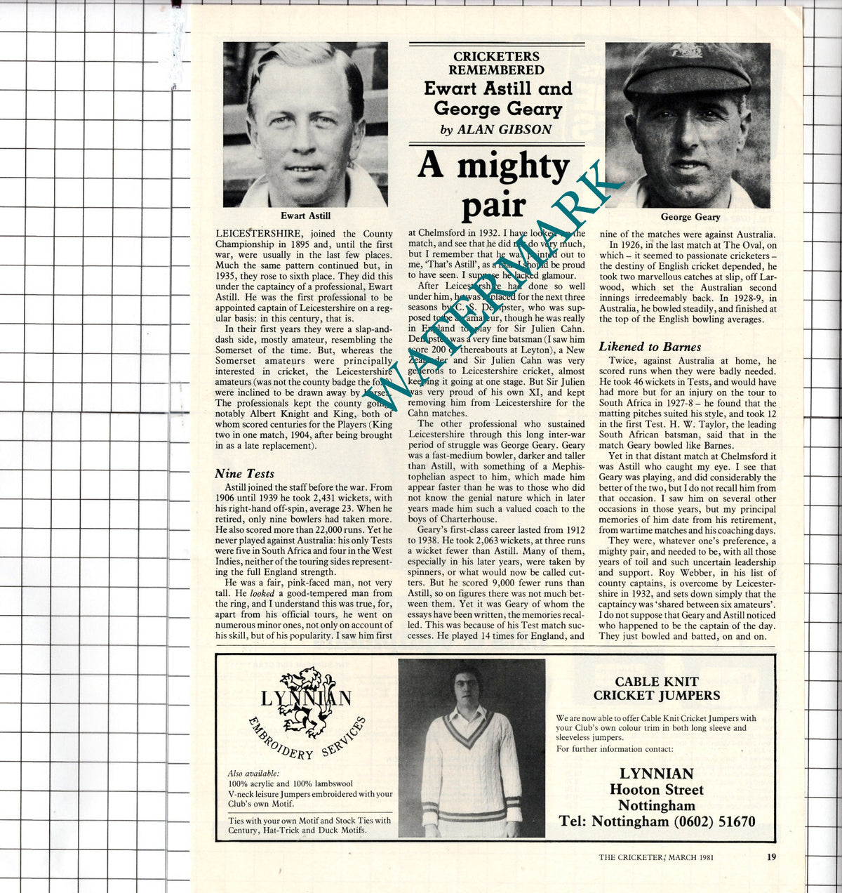 Ewart Astill  Cricketer  George Geary  - 1981 Article