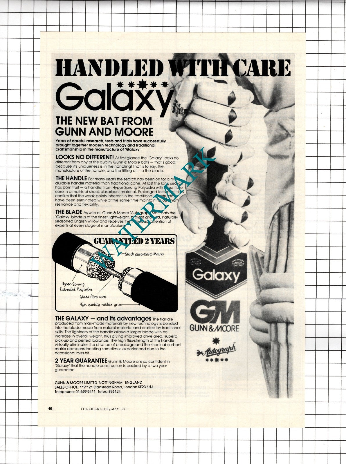Gunn and Moore Ltd Galaxy Cricket Bat ADVERT ONLY!   - 1981