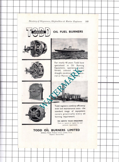 Todd Oil Burners London  / British Oxygen Gases Ltd ADVERT - c.1957