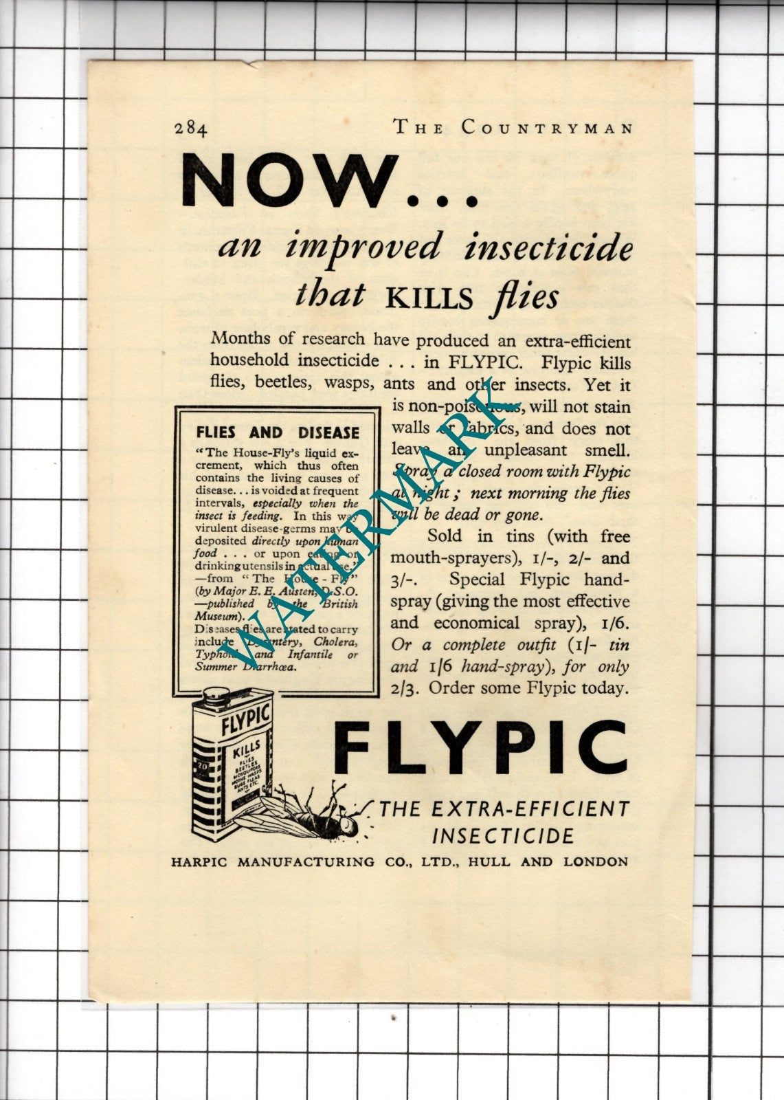 Flypic Insecticide Harpic Manufacturing Co Ltd Hull - 1934 Small Advert