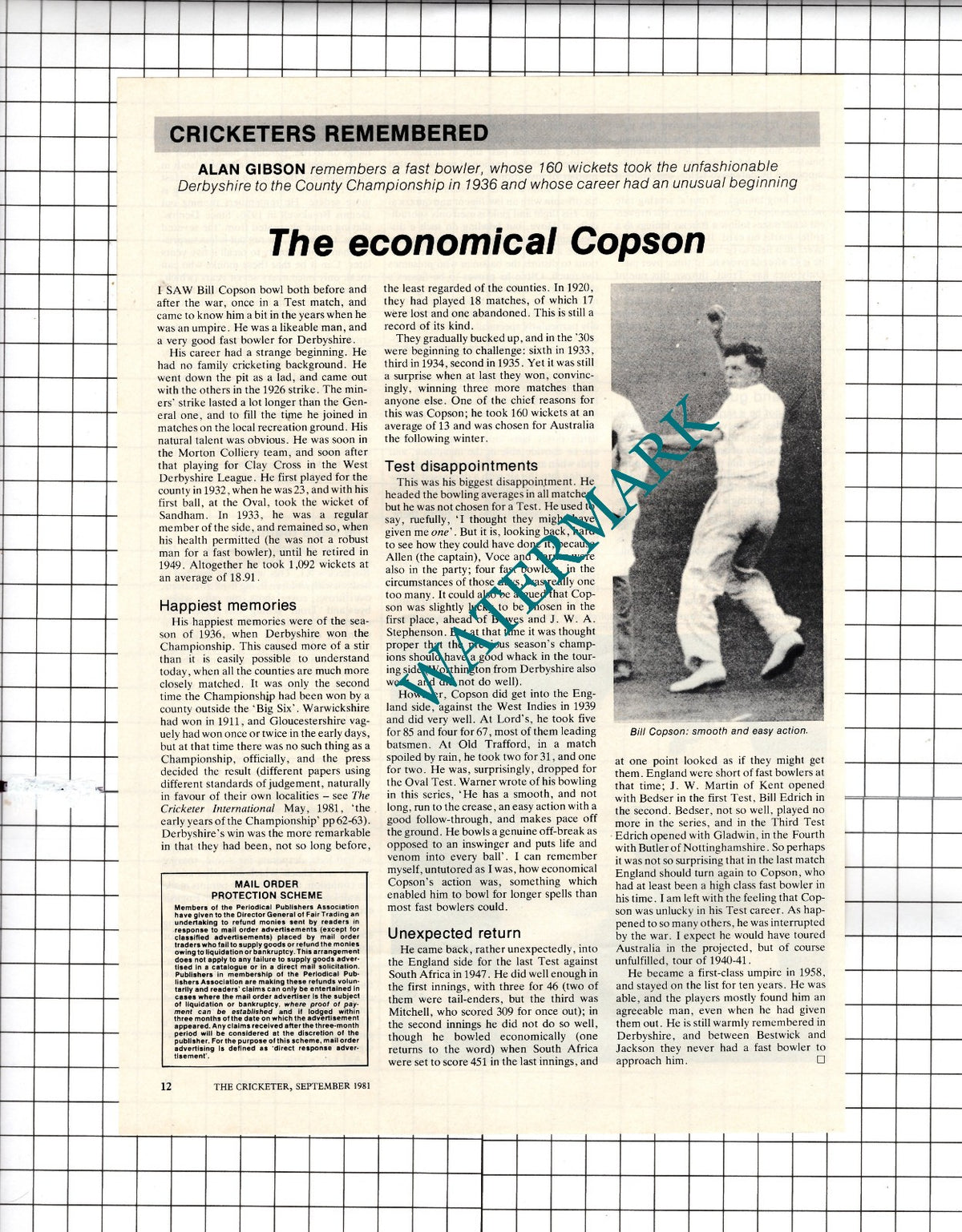 Bill Copson Cricketer Cricket  - 1981 Article