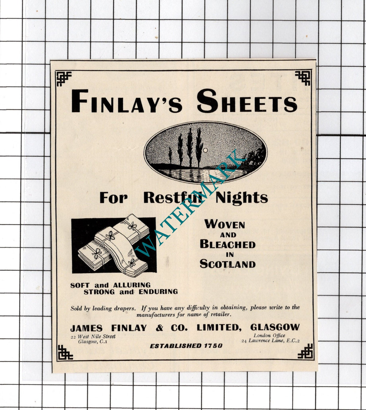 James Finlay & Co Ltd Glasgow Finlay's Sheets  - 1934 Small Advert