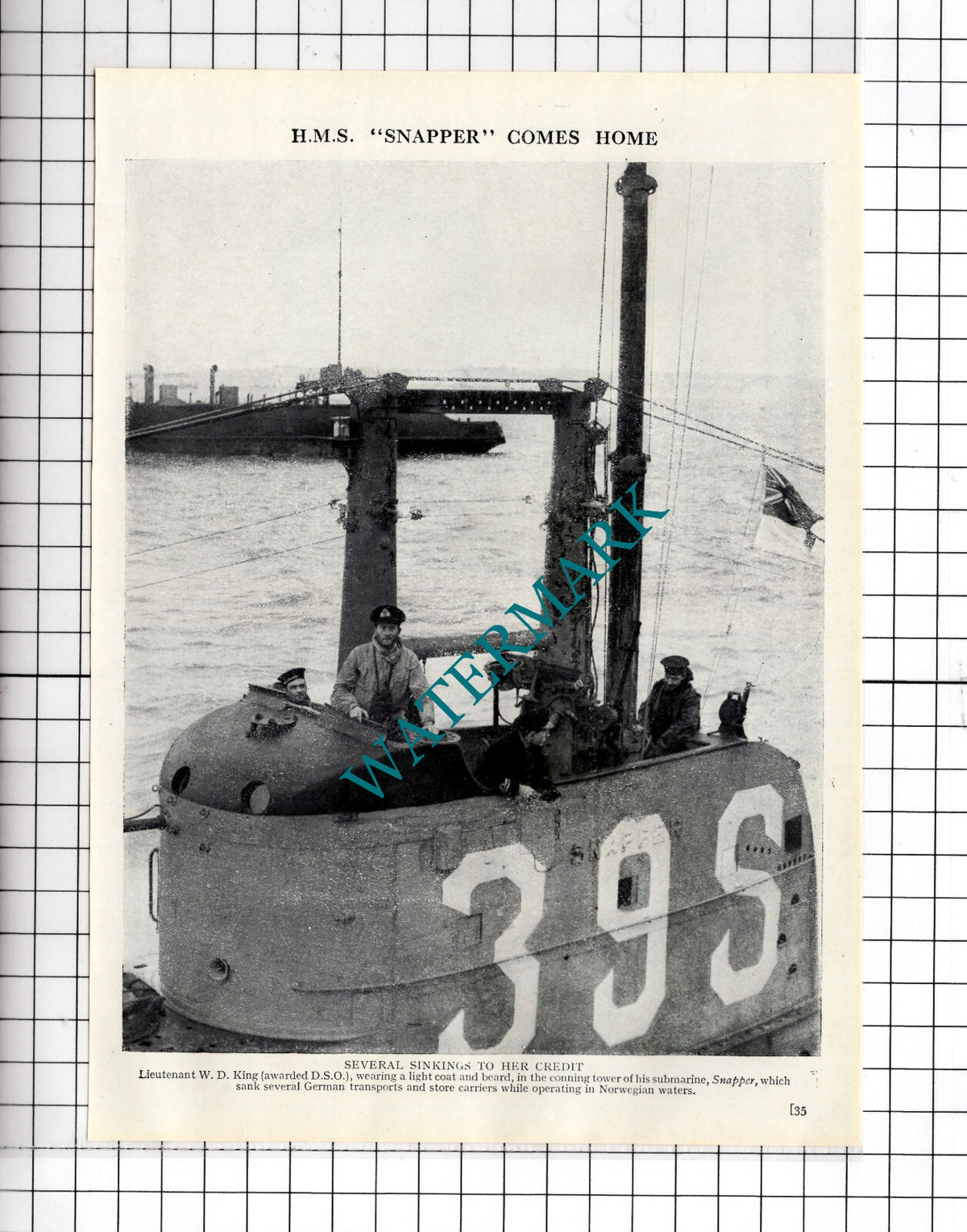 HMS Snapper Submarine Lt W D King World War Two WW2 - c.1940's Cutting