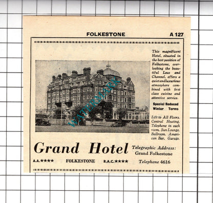 Grand Hotel Folkestone Kent / Clifton Hotel Small Advert - 1958 Cutting