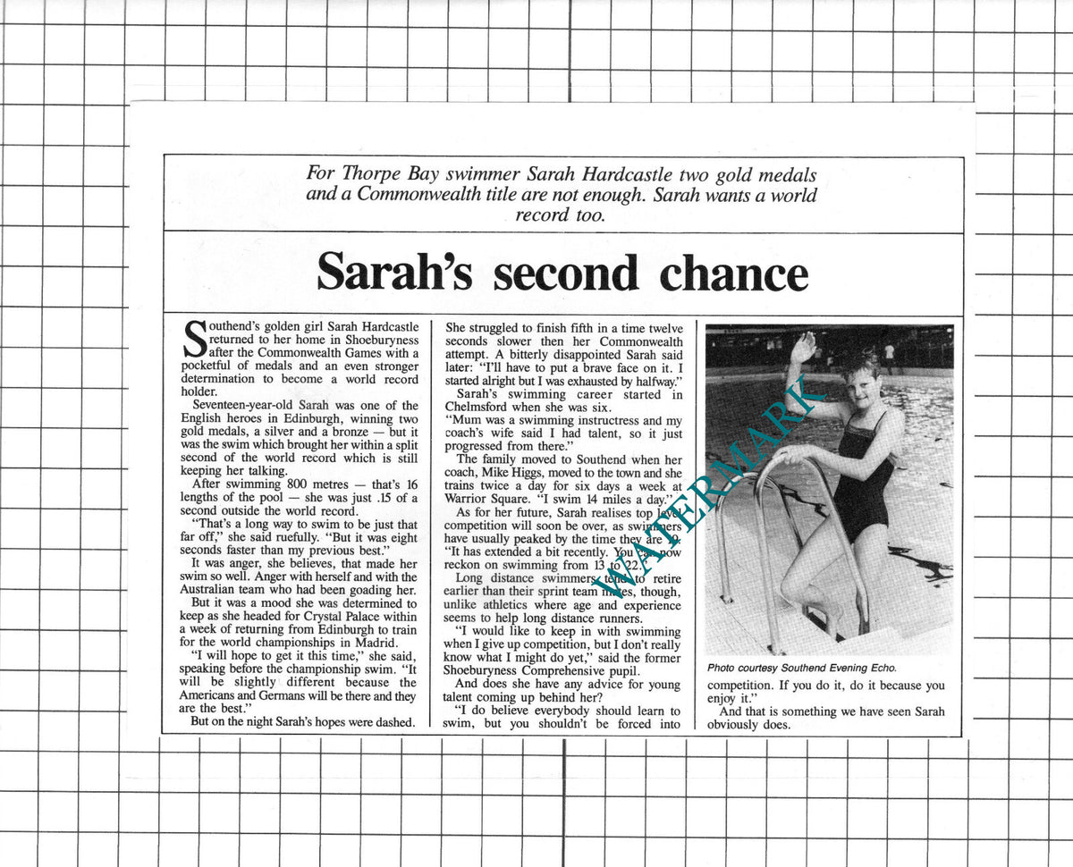 Sarah Hardcastle Thorpe Bay Essex  Swimmer - 1986 Clipping