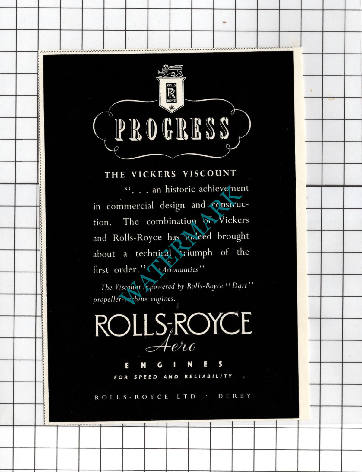 Vickers Viscount Rolls Royce Aero Advert   -  1950 SMALL Cutting