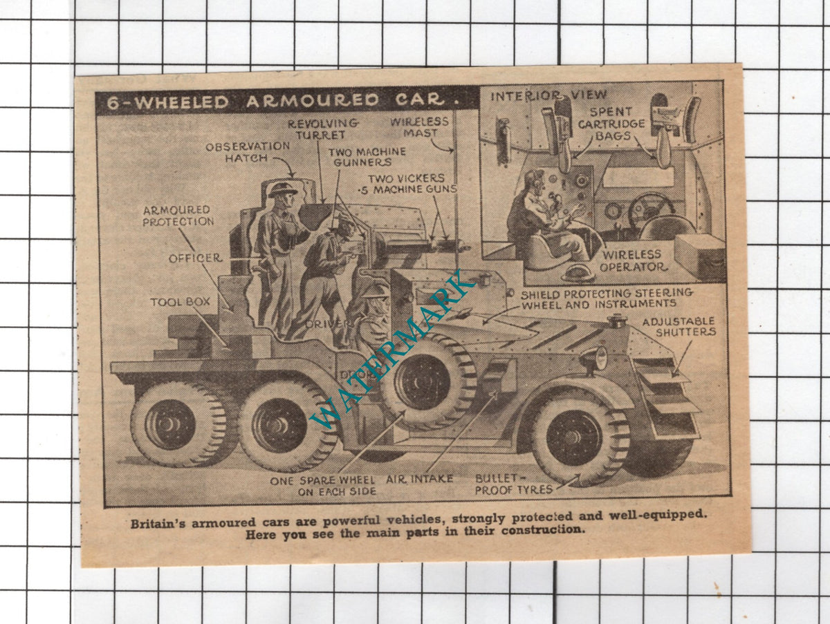 6-Wheeled Armoured Car Diagram WW2 World War Two  - 1940 Small Clipping