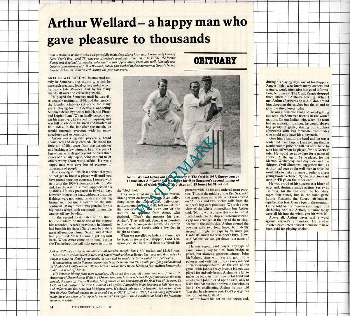 Arthur Wellard Obituary Cricketer    - 1981 Two-Part Clipping