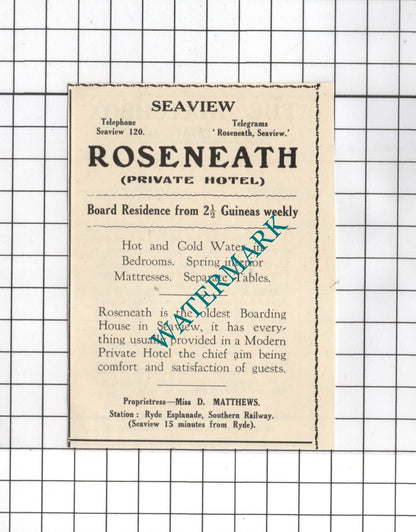 The Matchbox Seaview Isle of Wight Cecil Rumsey / Roseneath  - 1938 Small Advert