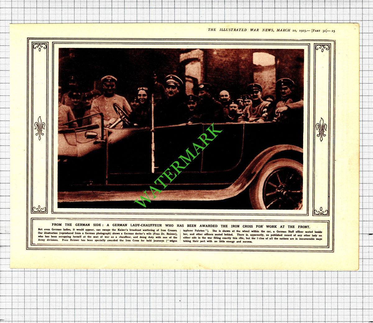 Frau Dr Reimer German Lady Chauffeur / German Submarine Diagram - 1915 Cutting