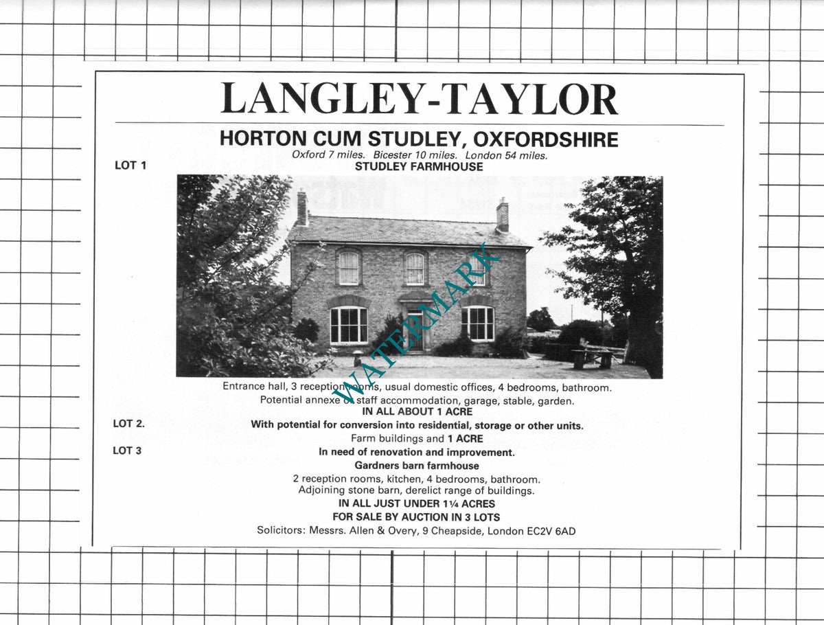 Studley Farmhouse Horton Cum Studley Oxfordshire  Sale Advert - 1980 Clipping