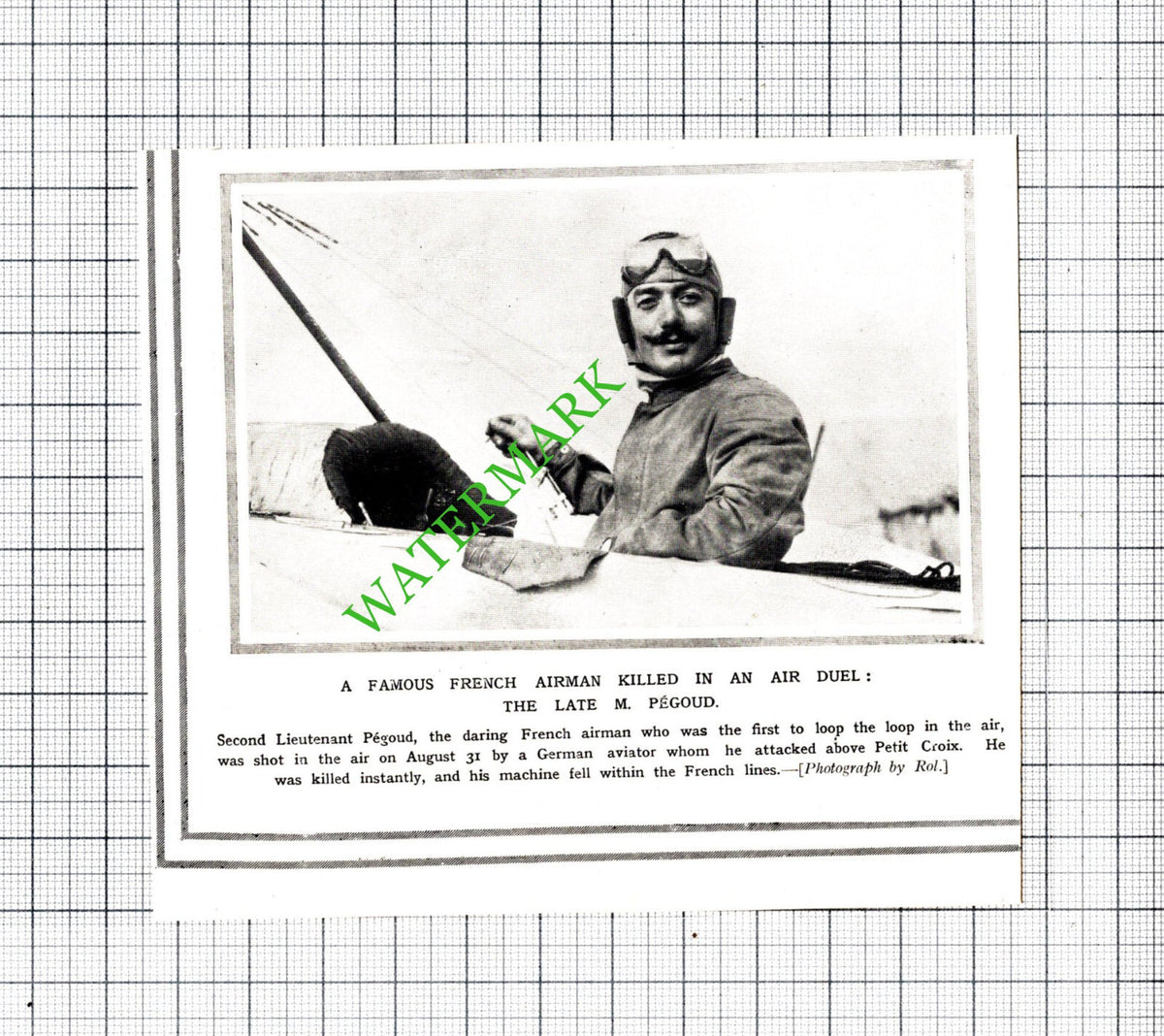 Second Lt Pegoud French Airman  Great War WW1 - 1915 Small Cutting