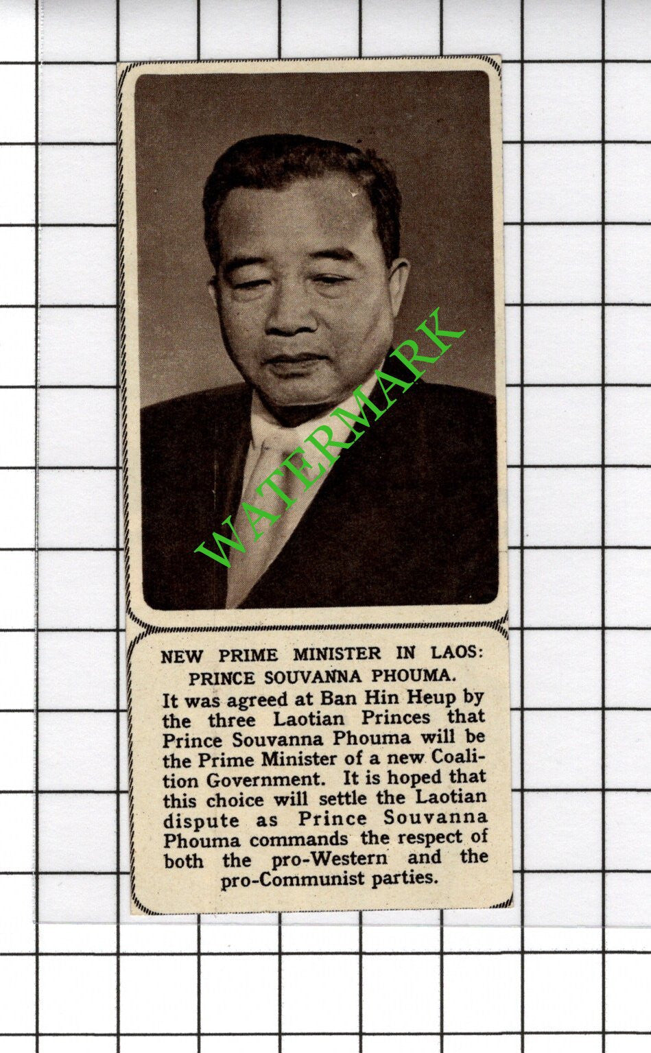 Prince Souvanna Phouma Laos  - 1961 SMALL Cutting