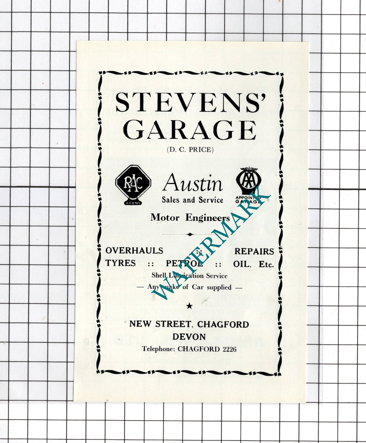 The Angler's Rest Drewsteignton /  Stevens Garage Chagford Devon -c.1940s Advert