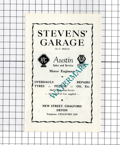 The Angler's Rest Drewsteignton /  Stevens Garage Chagford Devon -c.1940s Advert