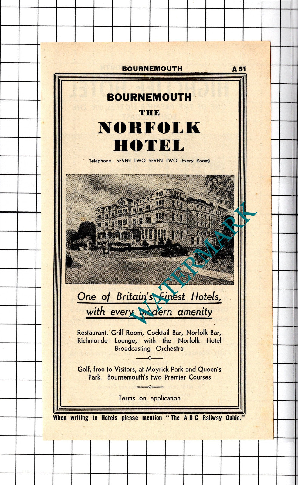 Highcliff Hotel Bournemouth / Norfolk Hotel Advert - 1958 Cutting / Print