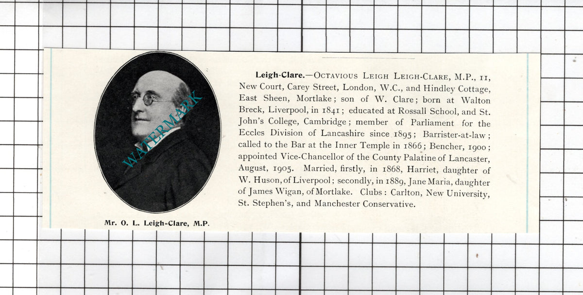 Octavious Leigh Leigh-Clare MP Hindley Cottage East Sheen  - c.1905 Clipping