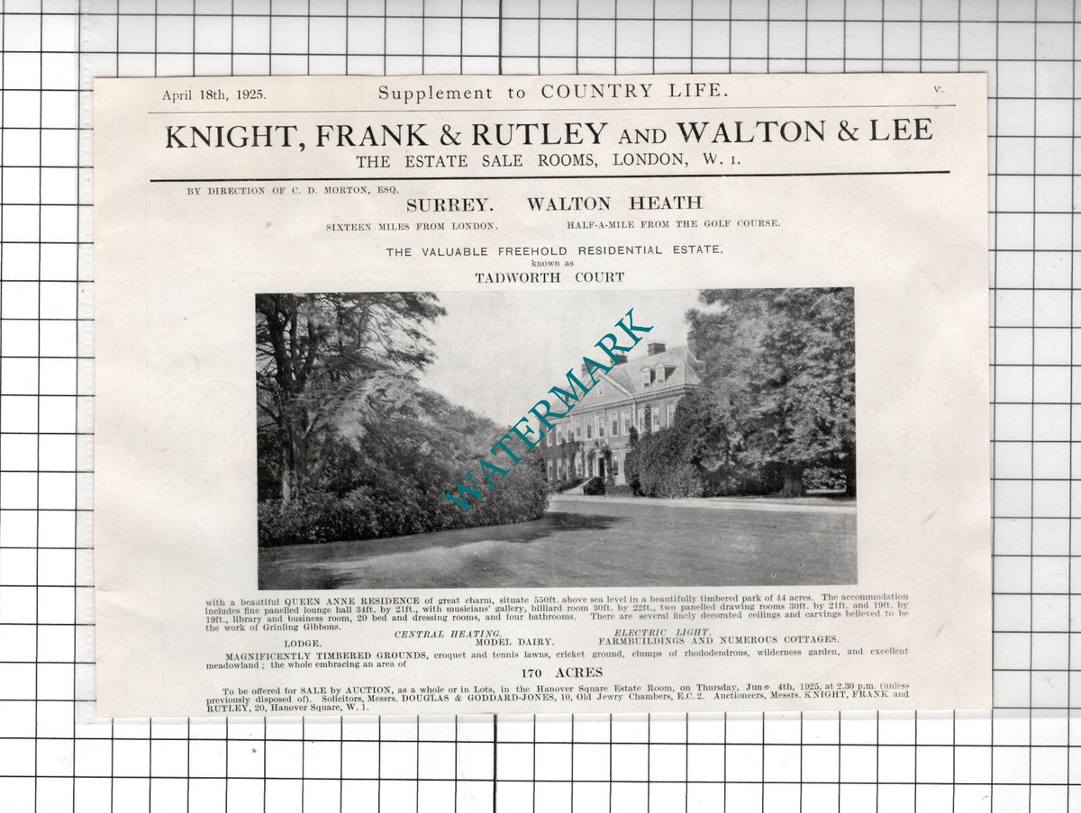 Tadworth Court Walton Heath Surrey C D Morton Esq - 1925  House Sale Advert