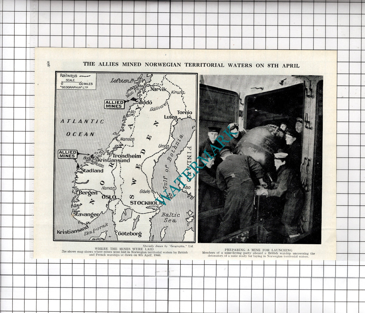 Allied Mines Norway World War Two WW2  - c.1940s Cutting / Print