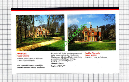 Plaxtol Kent / North Creake Norfolk Rectory House Sale Advert  - 1991 Cutting