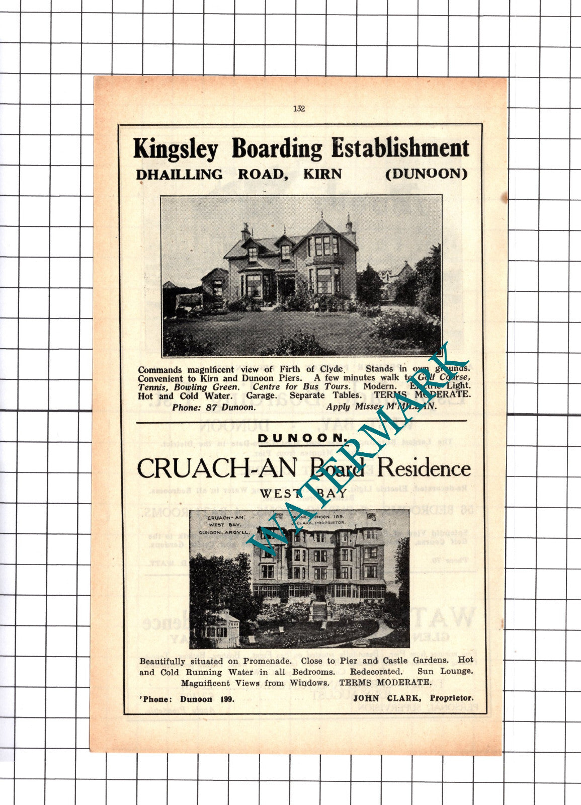 Esplanade Boarding Dunoon Kingsley Kirn Dunoon Cruach-An Advert - 1939 Cutting