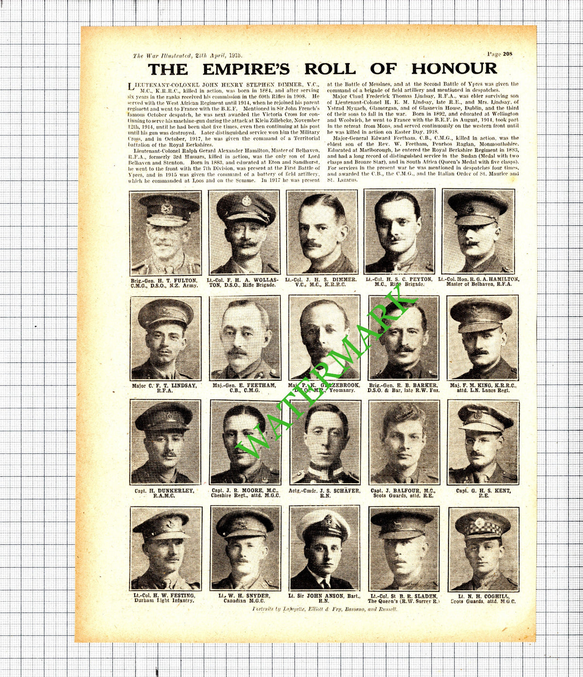 John Dimmer KRRC Edward Feetham CMG Ralph Hamilton Belhaven WW1- 1918 Cutting