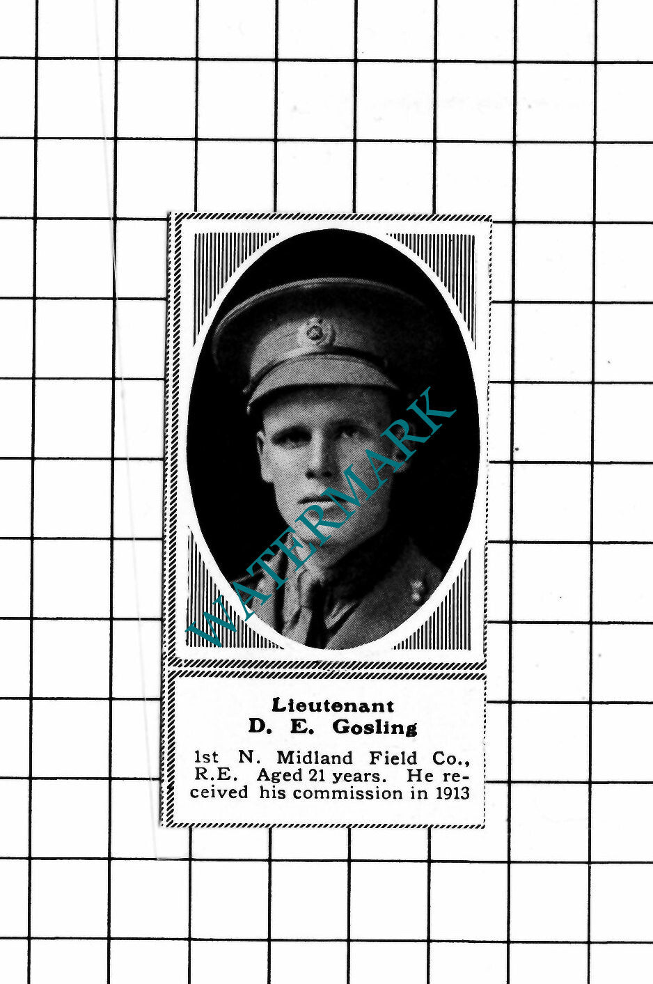 Lt D E Gosling 1st North Midland Field Co RE  WW1- c.1918 SMALL Clipping/  Print