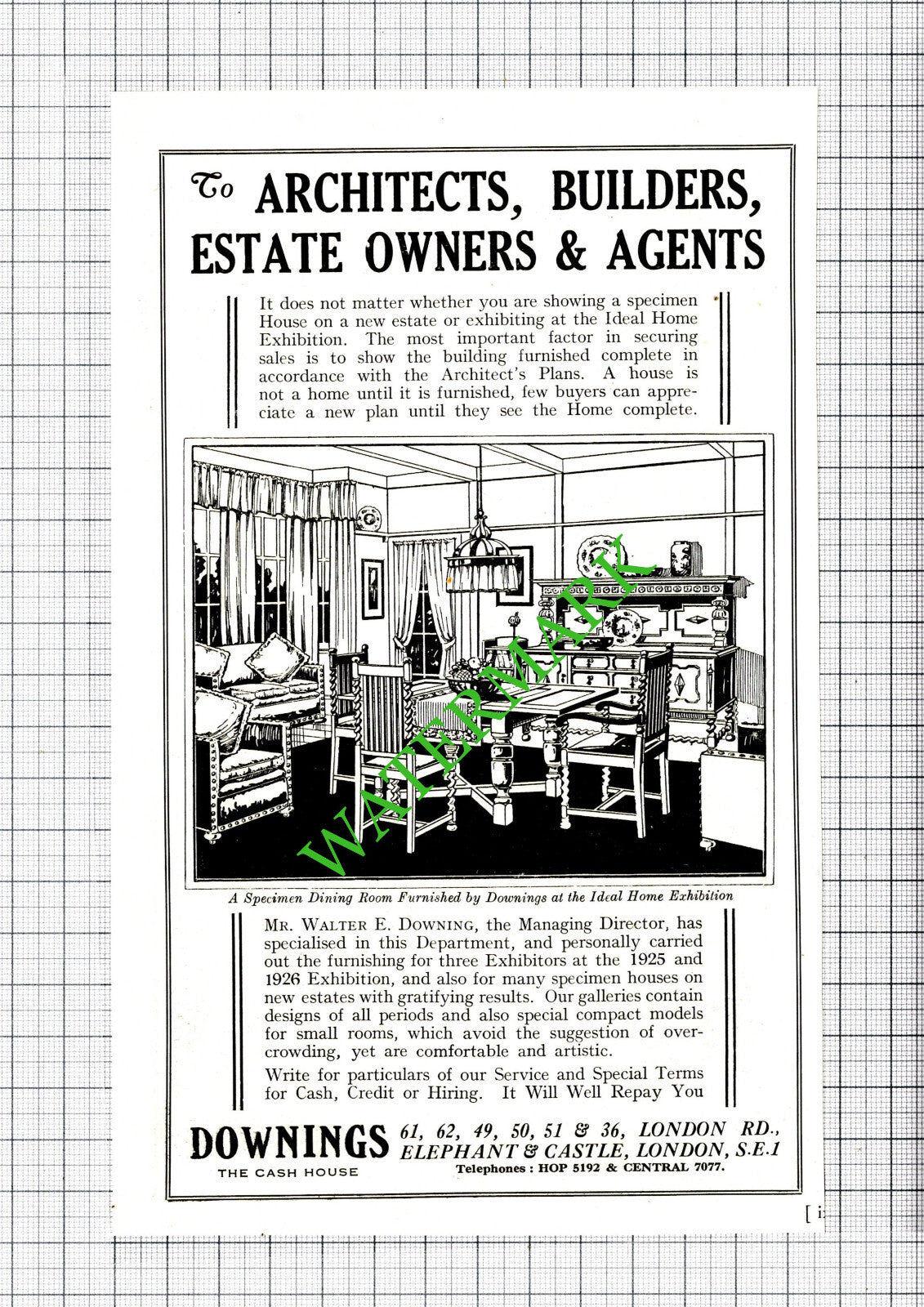 Downings Elephant & Castle London Mr Walter E Downing Advert - 1927 Cutting