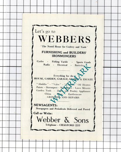 Webber & Sons Chagford Devon / L Thorn Post Office Chagford  -c.1940s Advert