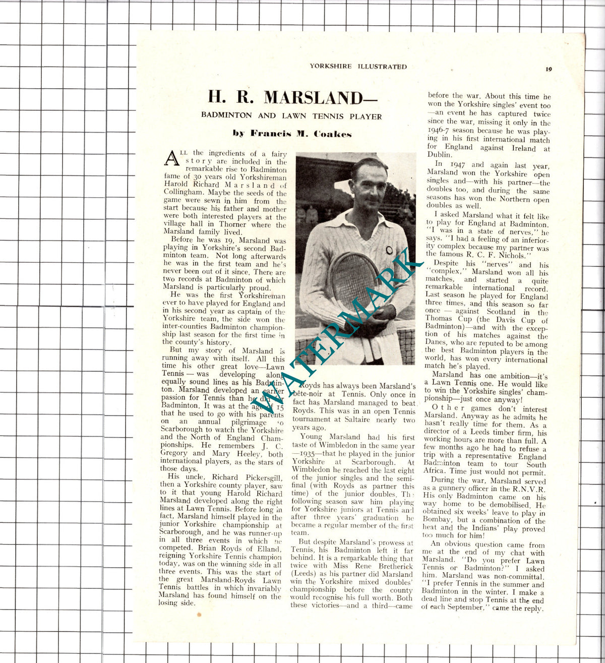 Harold Richard Marsland Badminton Tennis Player  - 1949 Article