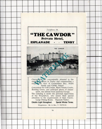 The Cawdor Hotel Tenby Wales  Tipton / Giltar House Tenby - 1936 Small Advert