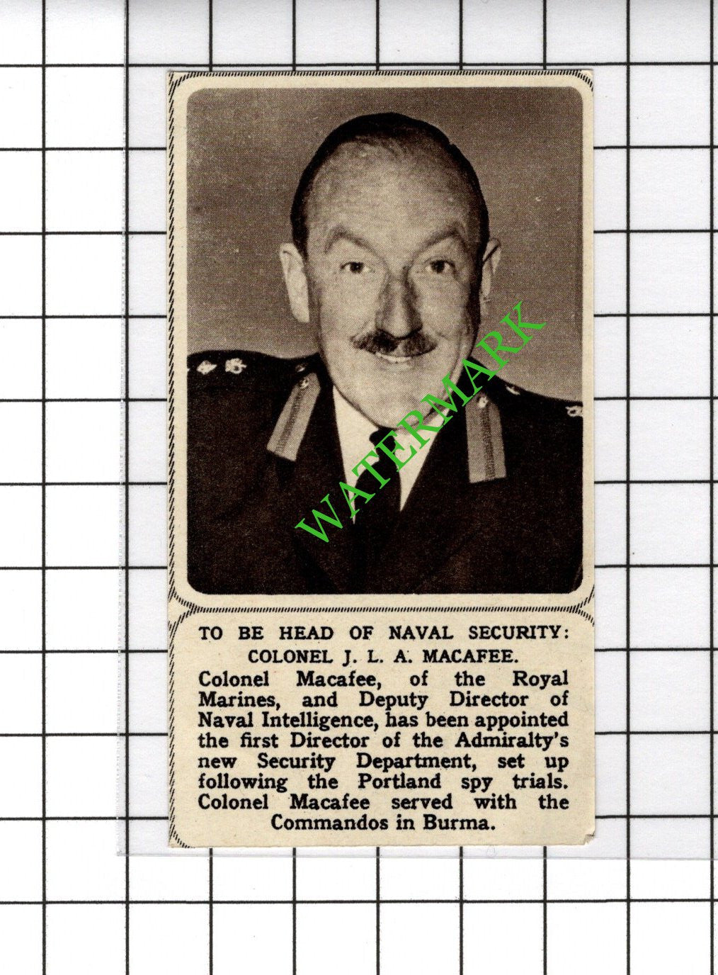 Colonel J L A Macafee Royal Marines - 1961 SMALL Cutting