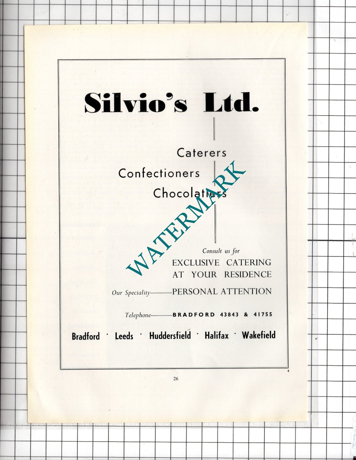 Silvio's Ltd Caterers  Bradford Yorkshire  -  c.1962 Advert