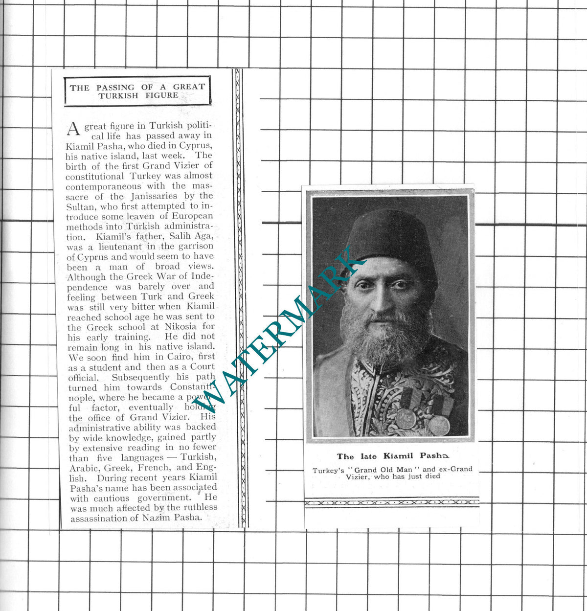 Kiamil Pasha Obituary  -  1913 Two-Part Clipping / Print
